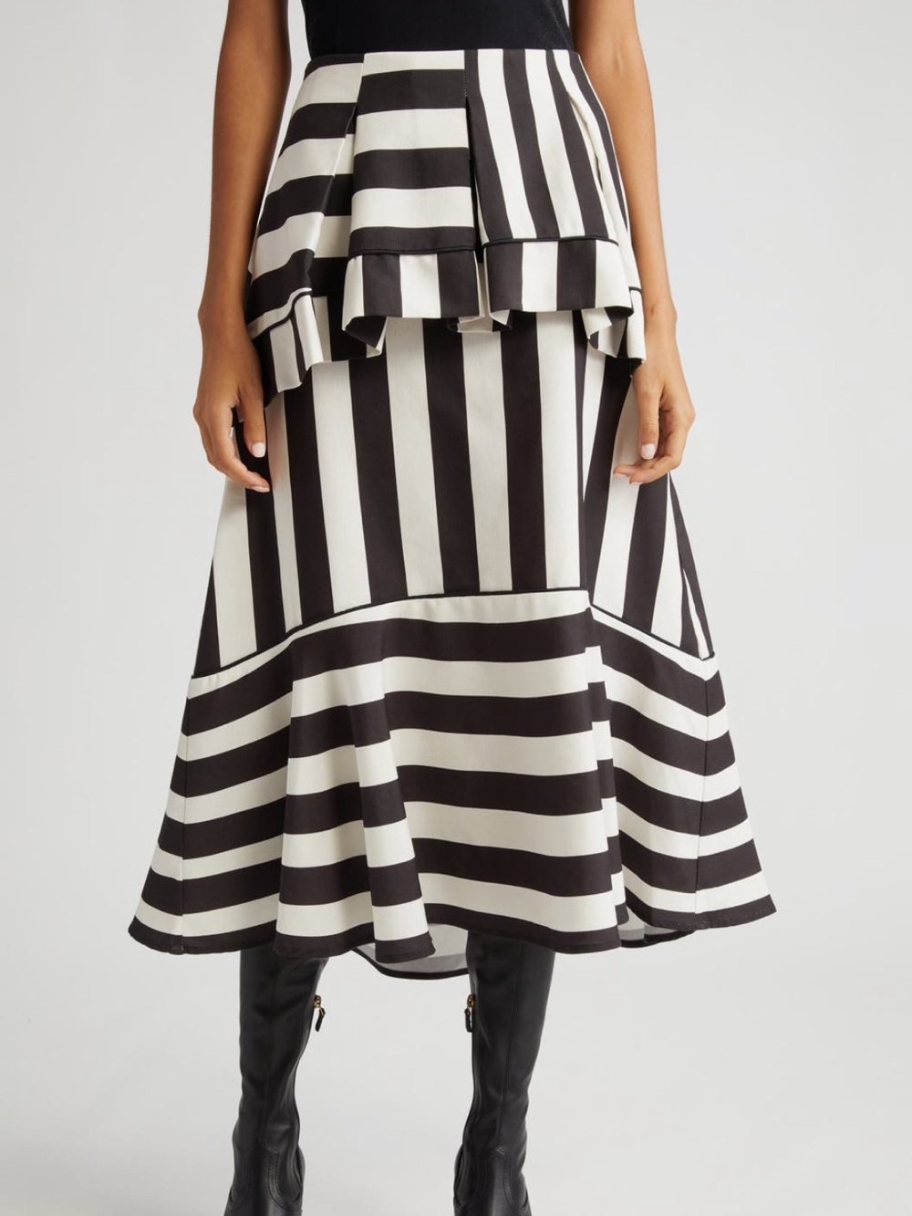 FARM Rio Mixed Stripes A-Line Black and White Ruffled Midi Skirt NWT Size XL